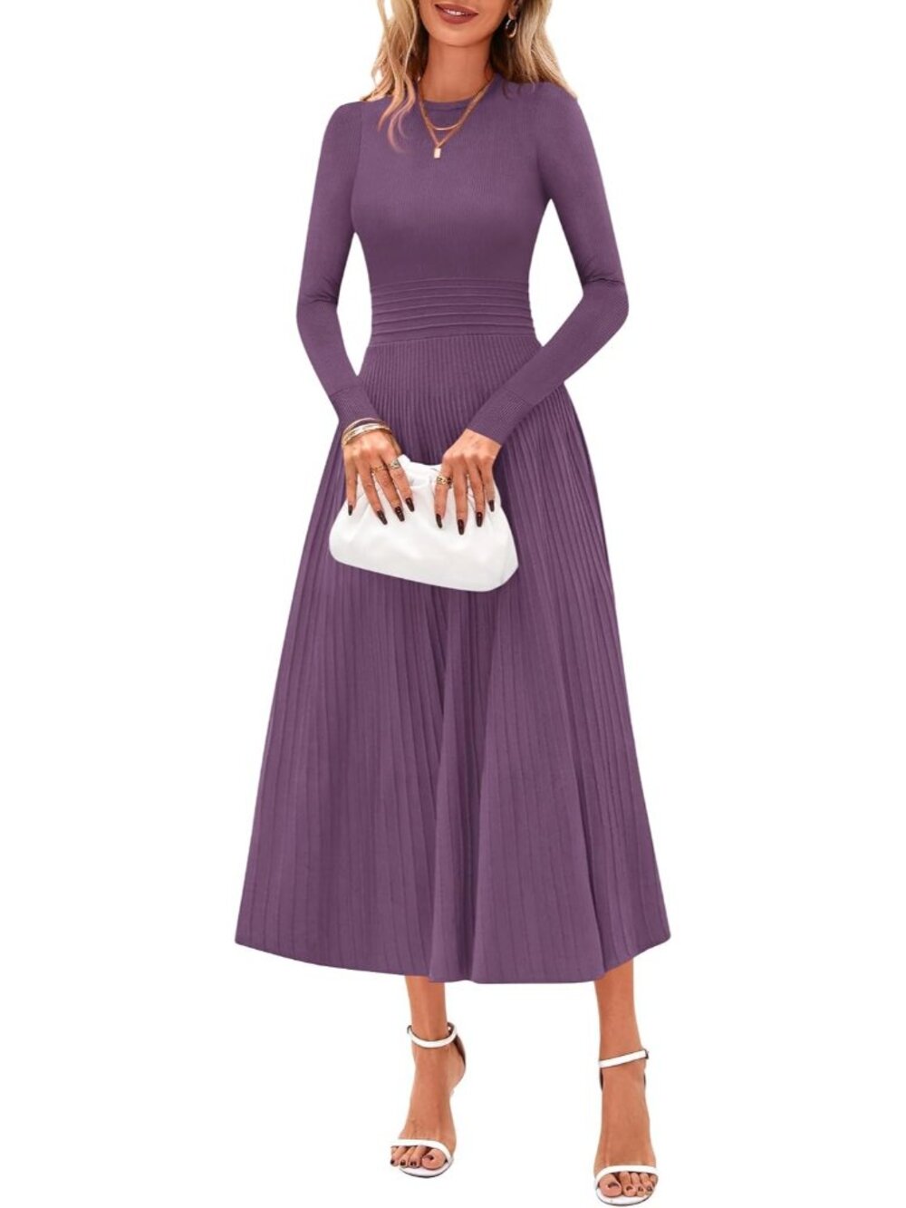 Women's Grey Purple Long Sleeve Knit Slim Fit A Line Sweater Wedding Maxi Dress
